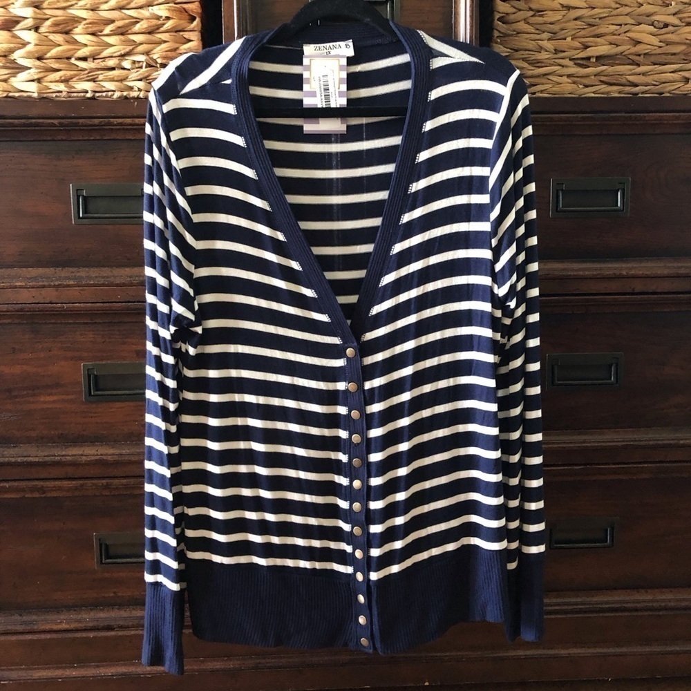 Zenana navy & white lightweight stripe snap button down cardigan sweater size 1X